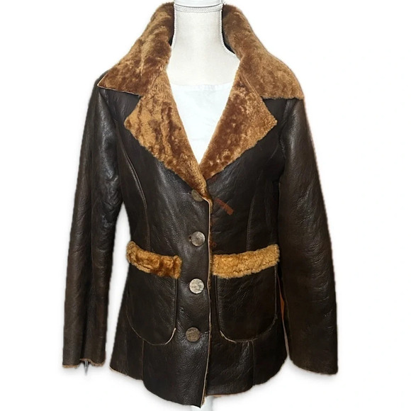 Brown Genuine Leather Shearling Jacket - Picture 1 of 12